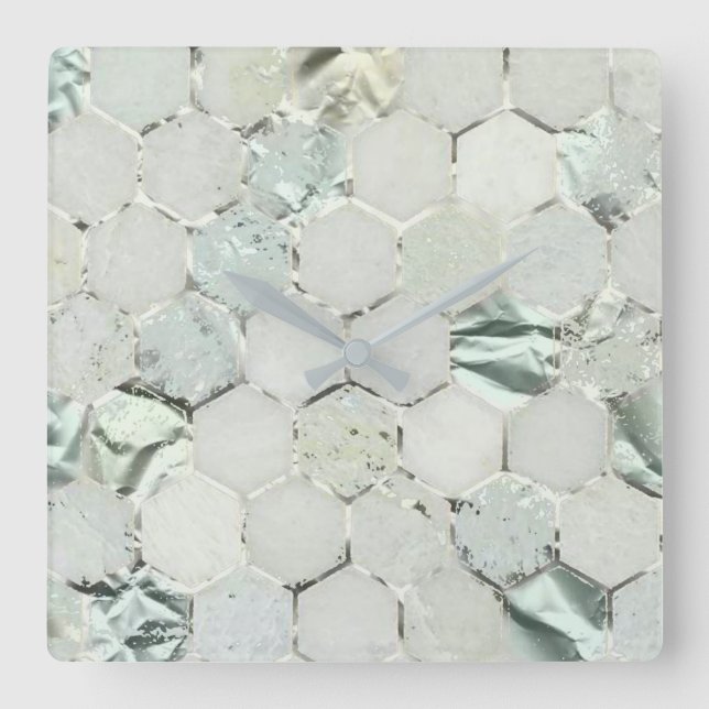 Hexagone Aqua Mint Metallic Marmor Honecom Quadratische Wanduhr (Vorderseite)