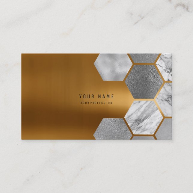 Hexagone Gold Metallic Steel Marmor Weiß Grau Visitenkarte (Vorderseite)