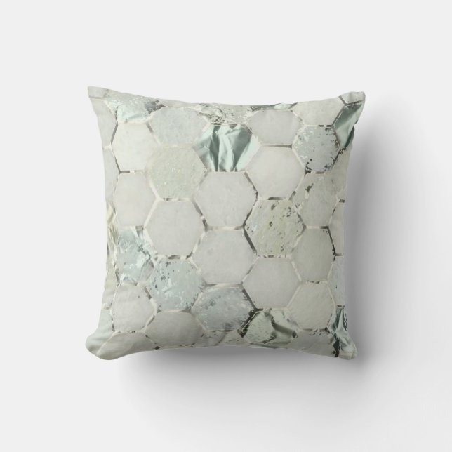 Hexagone Minze Aqua Silver Gray Metal Marmorstein Kissen (Vorderseite)