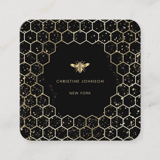 Hexagons-Bienenlogo auf schwarz Quadratische Visitenkarte (Vorderseite)