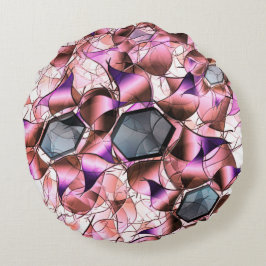 Hexagons, umgeben von rosa blütenähnlichen Formen Rundes Kissen