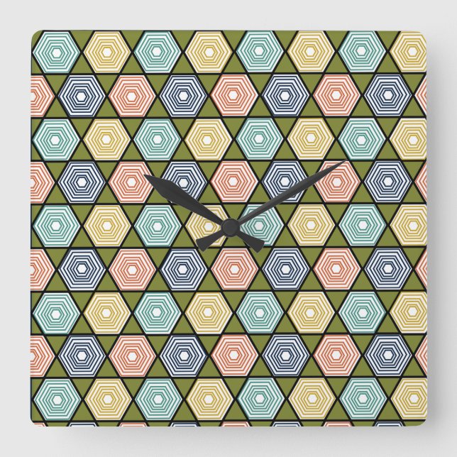 Hexagons und Dreiecke Quadratische Wanduhr (Vorderseite)