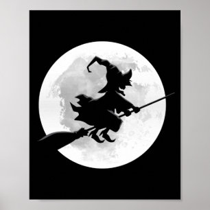 Hexe auf Besen mit Vollmond lustiges Design für Poster