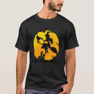 Hexe auf Besen Mond Katze und Fledermäuse Hallowee T-Shirt