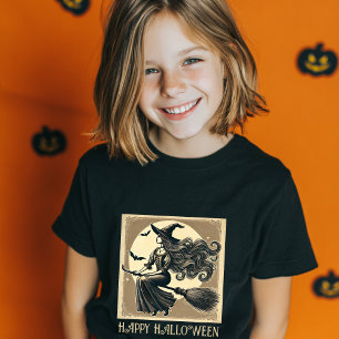 Hexe auf Besen Vollmond & Fledermäuse Halloween T-Shirt