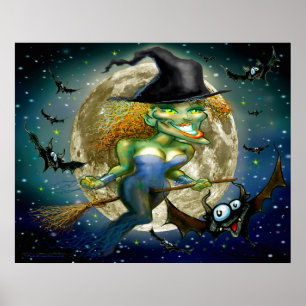 Hexe auf Besenstiel Poster