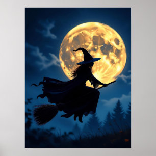 Hexe auf Broom durch Vollmond Halloween Poster