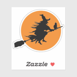 Hexe auf Broom mit Cat-Silhouette und Mond Aufkleber