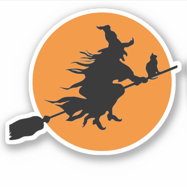 Hexe auf Broom mit Cat-Silhouette und Mond Aufkleber (Vorderseite)