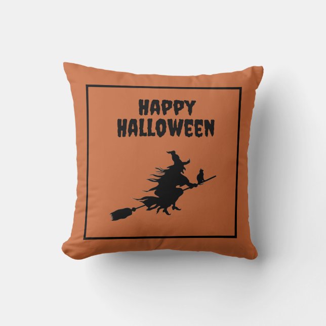 Hexe auf Broom mit Katze Halloween Kissen (Vorderseite)
