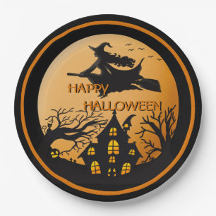 Hexe auf Broom Spooky Halloween House Trees Pappteller