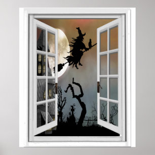 Hexe auf Broomstick-Fenster-Ansicht Halloween Poster