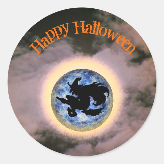 Hexe auf Broomstick Vollmond Halloween Runder Aufkleber (Vorderseite)