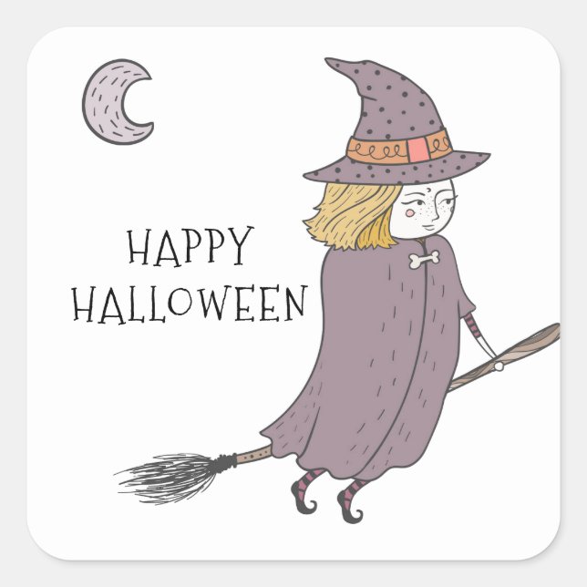 Hexe auf dem Flying Broomstick glücklich Halloween Quadratischer Aufkleber (Vorderseite)