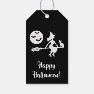Hexe auf einem Besen Schwarz-Weiß Frohes Halloween Geschenkanhänger