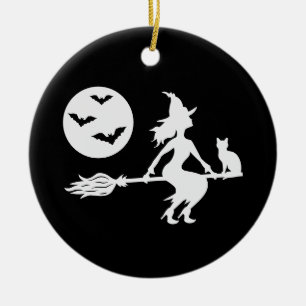 Hexe auf einem Besen Schwarz-Weiß Frohes Halloween Keramik Ornament