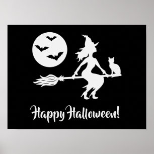 Hexe auf einem Besen Schwarz-Weiß Frohes Halloween Poster