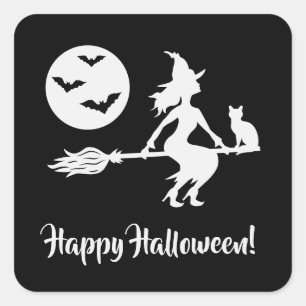 Hexe auf einem Besen Schwarz-Weiß Frohes Halloween Quadratischer Aufkleber