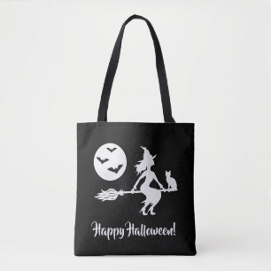 Hexe auf einem Besen Schwarz-Weiß Frohes Halloween Tasche