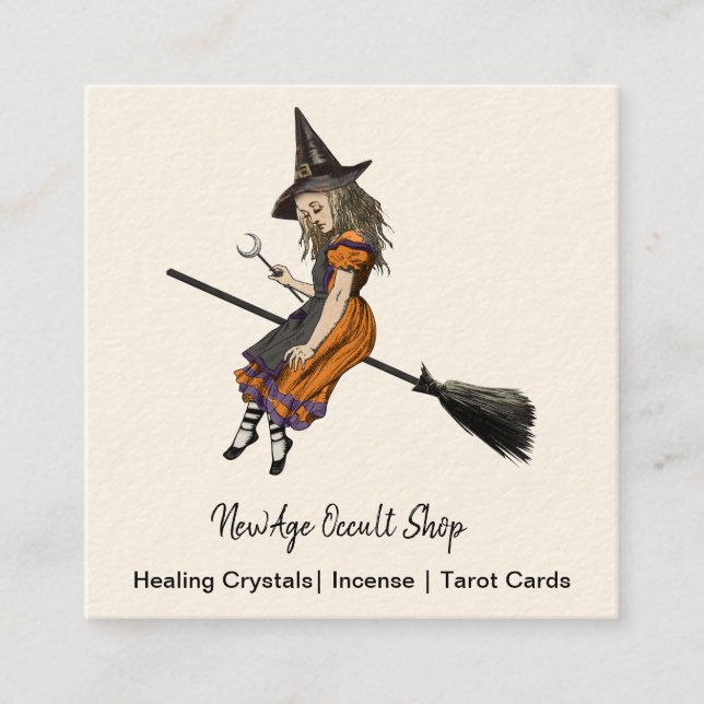 Hexe auf einem Broom Occult Shop Quadratische Visitenkarte (Vorderseite)