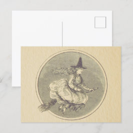 Hexe auf einem Broom Vintag Postkarte