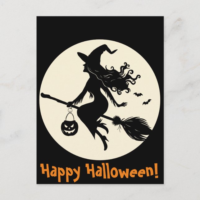 Hexe auf einem Broomstick Halloween Postkarte (Vorderseite)