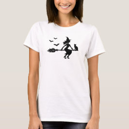 Hexe auf einem Broomstick mit Katze und Fledermäus T-Shirt