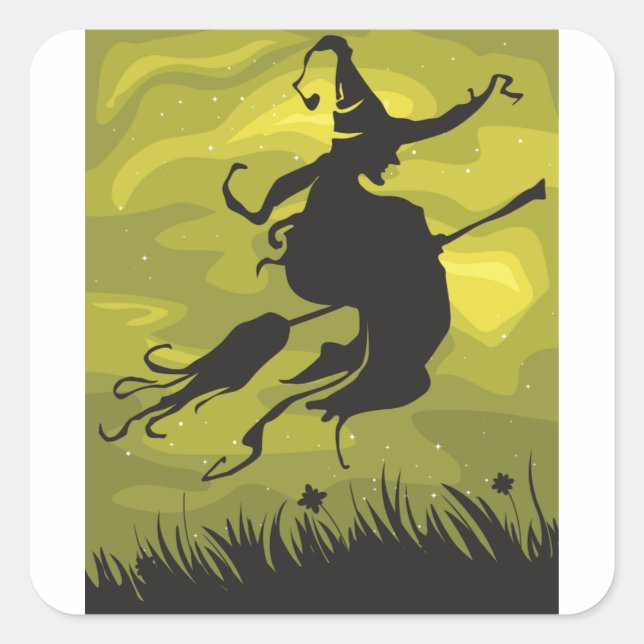 Hexe auf einem Broomstick Quadratischer Aufkleber (Vorderseite)