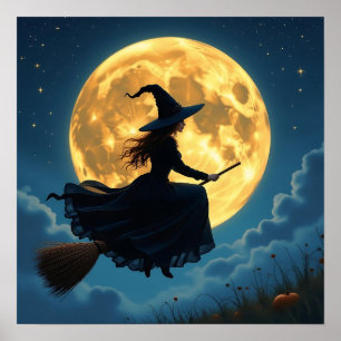 Hexe auf einem Schlafzimmer bei Vollmond Poster