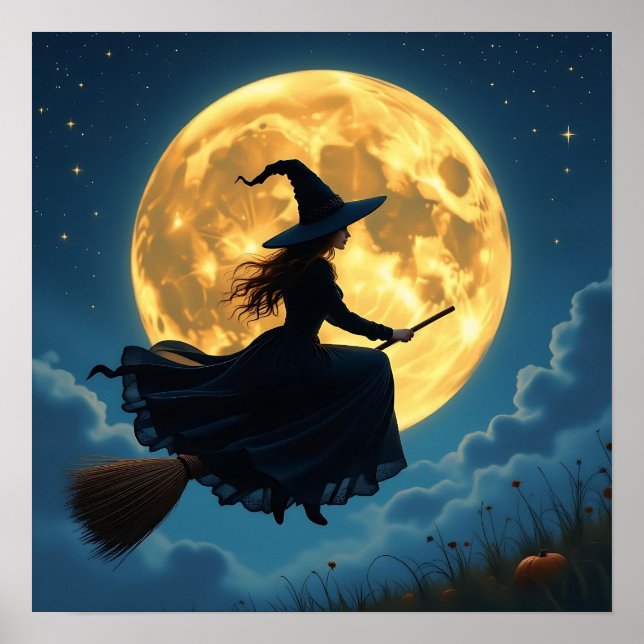 Hexe auf einem Schlafzimmer bei Vollmond Poster (Vorne)