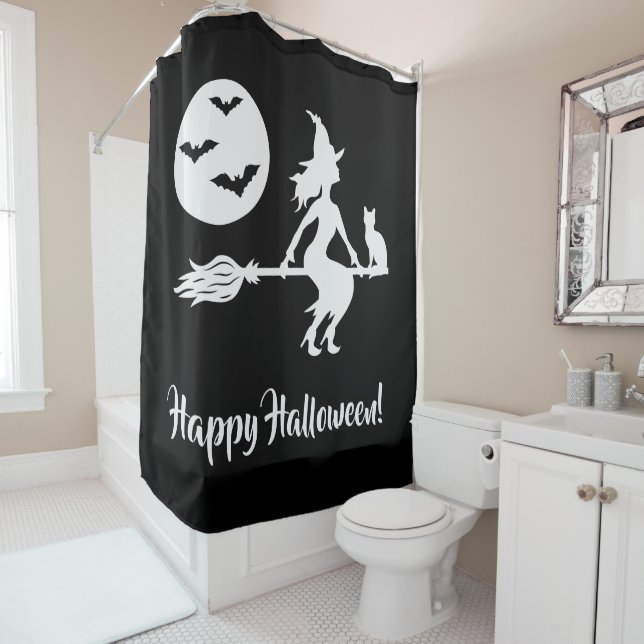 Hexe auf einem schwarzen und weißen Halloween Duschvorhang (Beispiel)