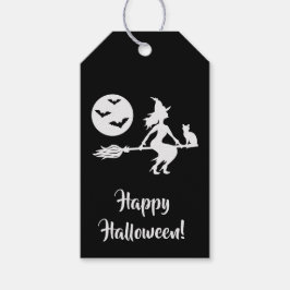 Hexe auf einem schwarzen und weißen Halloween Geschenkanhänger
