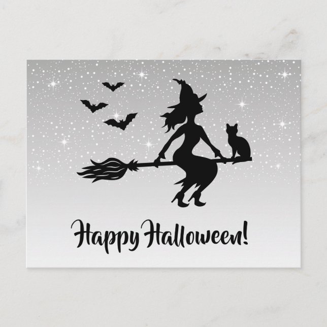Hexe auf einem silbergrauen und schwarzen Hallowee Postkarte (Vorderseite)