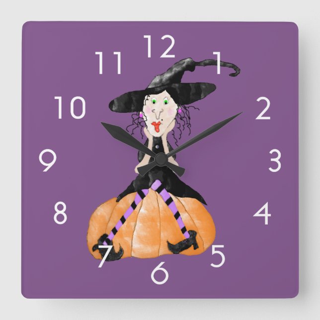 Hexe auf einer Pumpkettenuhr Quadratische Wanduhr (Vorderseite)