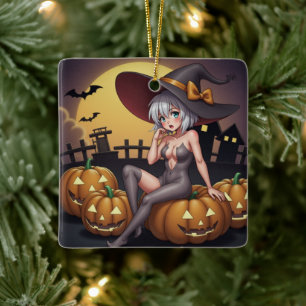 Hexe auf Jack-O-Lantern Halloween-Farm Keramikornament