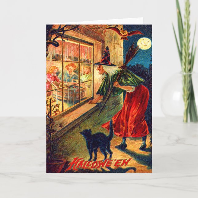 Hexe-aufpassende Kindereulen-schwarze Katze Karte (Vorderseite)