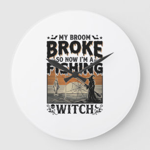 Hexe beim Angeln Halloween Vintage Vektor Design_1 Große Wanduhr