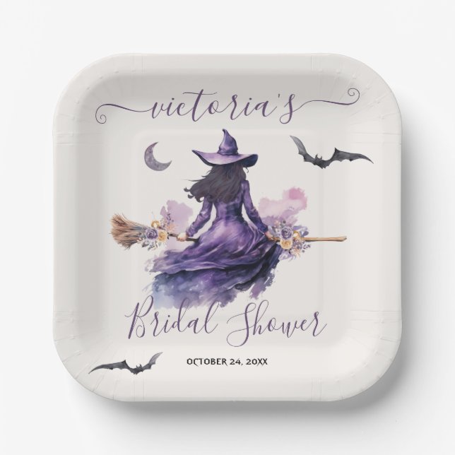 Hexe bekommt Hitched Halloween-Brautparty Pappteller (Vorderseite)
