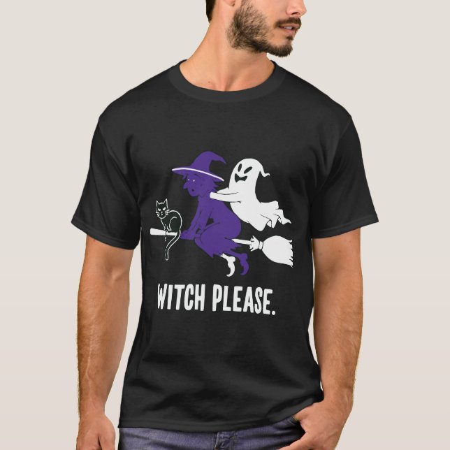 Hexe Bitte Funny Halloween Flying Hexe Ghost T-Shirt (Vorderseite)