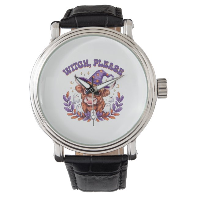 Hexe bitte Highland Cow Halloween Armbanduhr (Vorderseite)