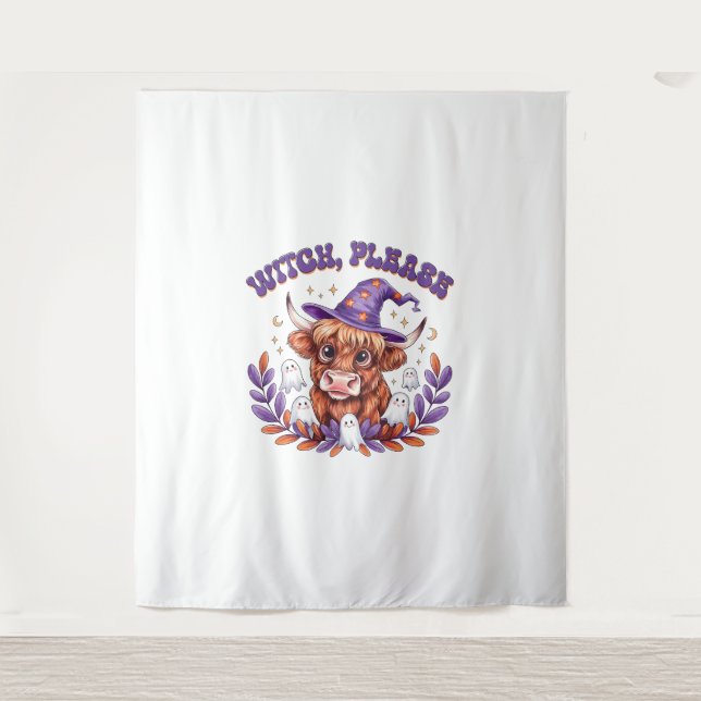 Hexe bitte Highland Cow Halloween Wandteppich (Vorderseite)