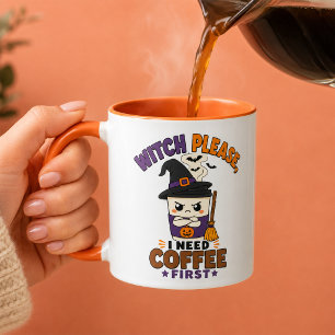Hexe bitte, ich brauche erst Kaffee Orange Hallowe Tasse