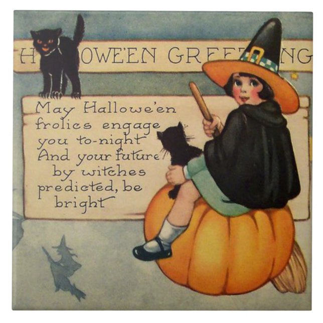 Hexe Black Cat Pumpkin Crescent Moon Fliese (Vorderseite)