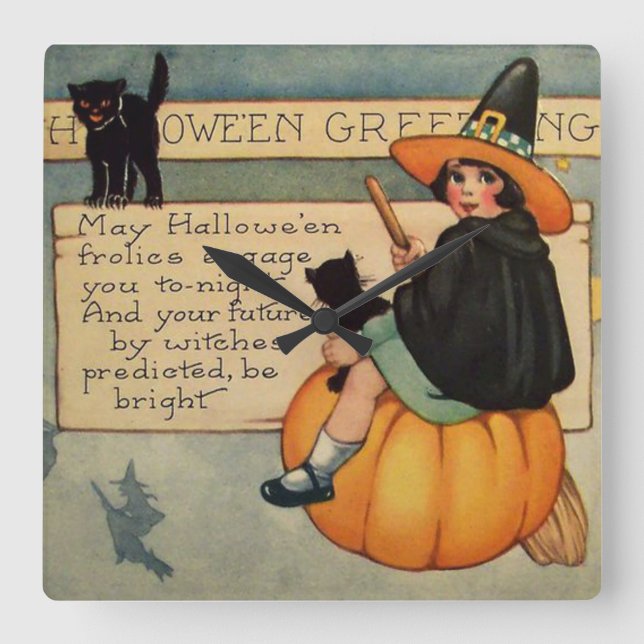 Hexe Black Cat Pumpkin Crescent Moon Quadratische Wanduhr (Vorderseite)