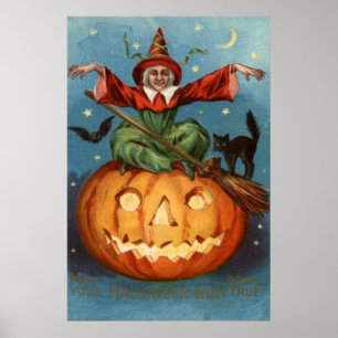 Hexe Broom Black Cat Kürbislaterne Owl Poster