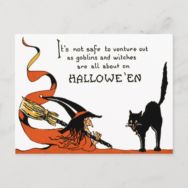 Hexe Broom Black Cat Postkarte (Vorderseite)