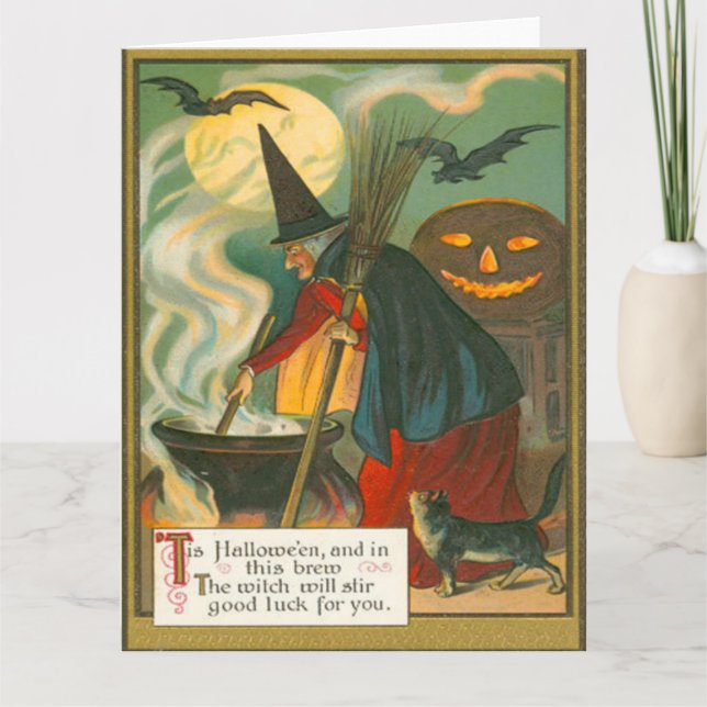 Hexe Broom Cauldron Kürbislaterne Bat Cat Karte (Vorderseite)