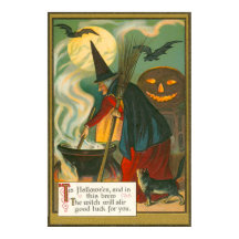 Hexe Broom Cauldron Kürbislaterne Bat Cat