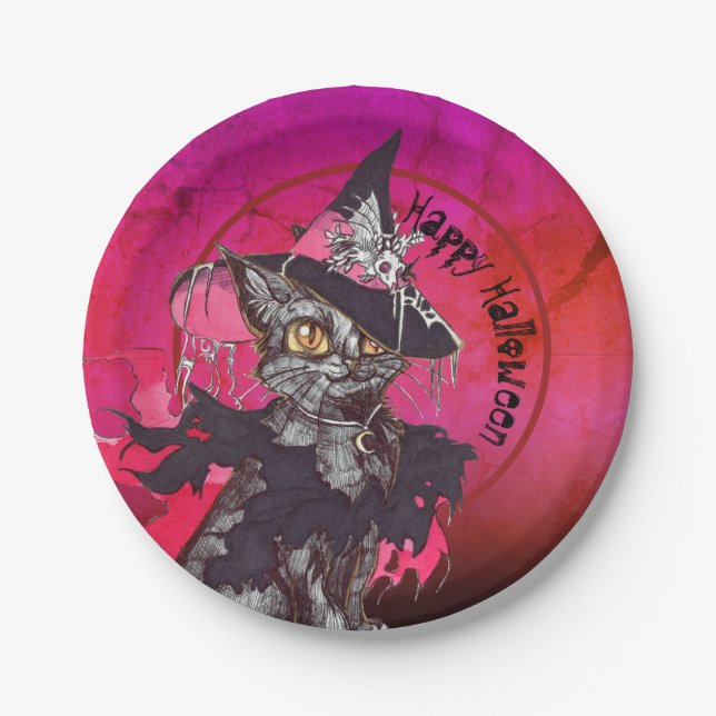 Hexe Cat Happy Halloween Pappteller (Vorderseite)
