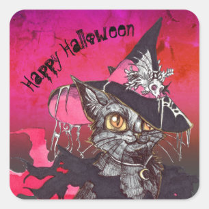 Hexe Cat Happy Halloween Quadratischer Aufkleber